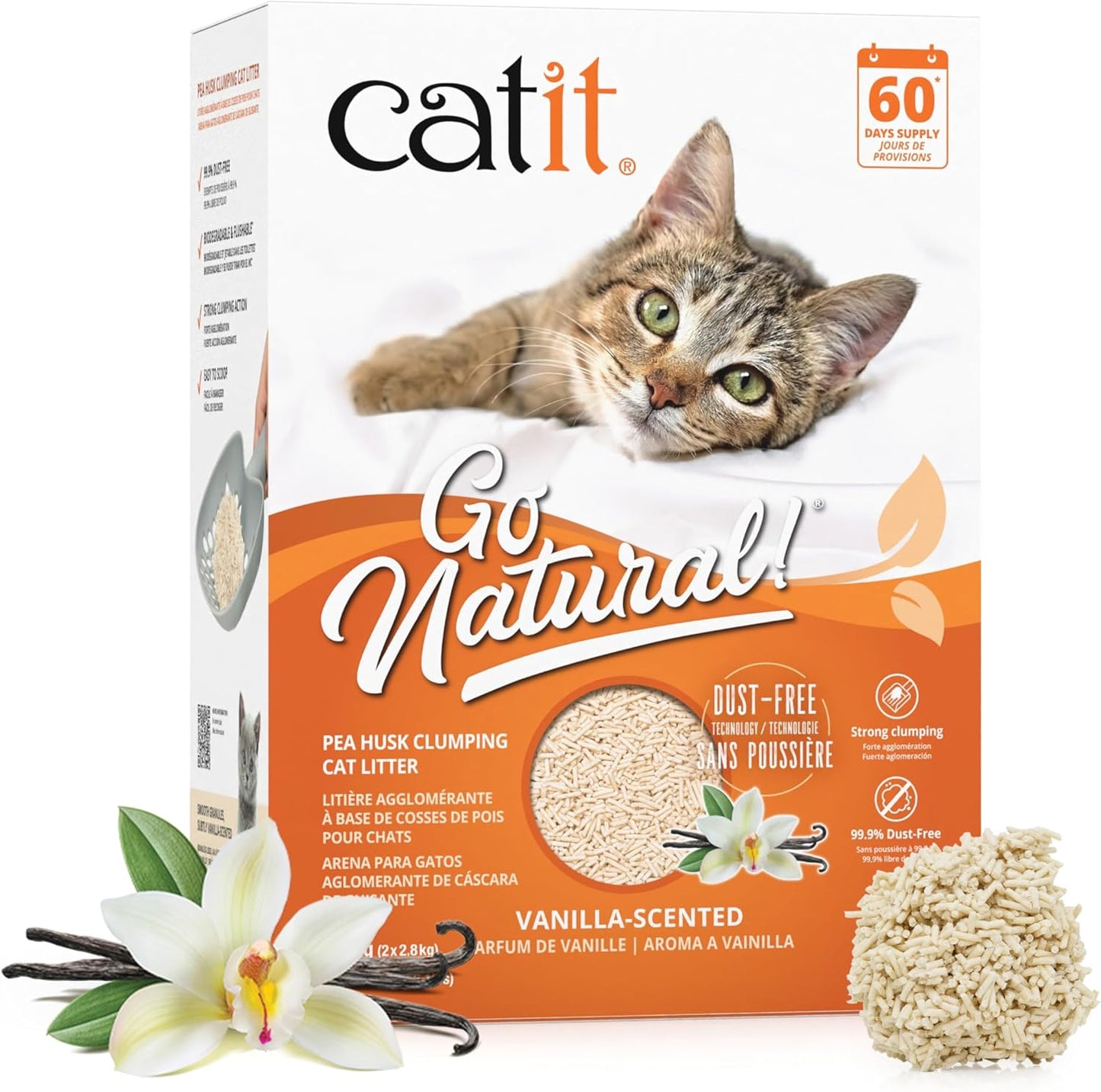 Catit Go Natural Vanilla Scented Pea Husk Clumping Cat Litter, Deodorising, 99.9% Dust-Free