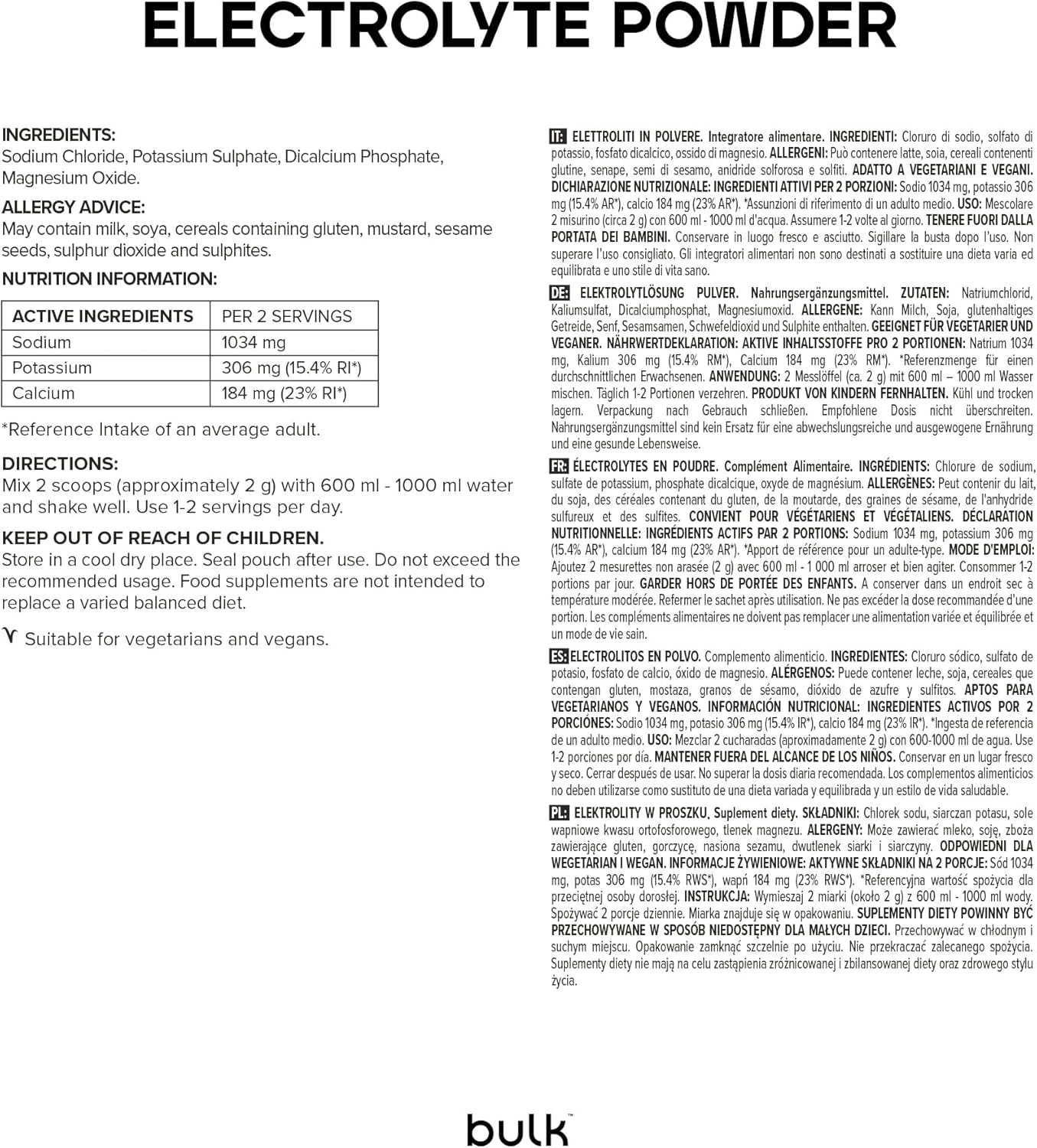 Bulk Electrolyte Powder, Unflavoured, 500 g, Packaging May Vary