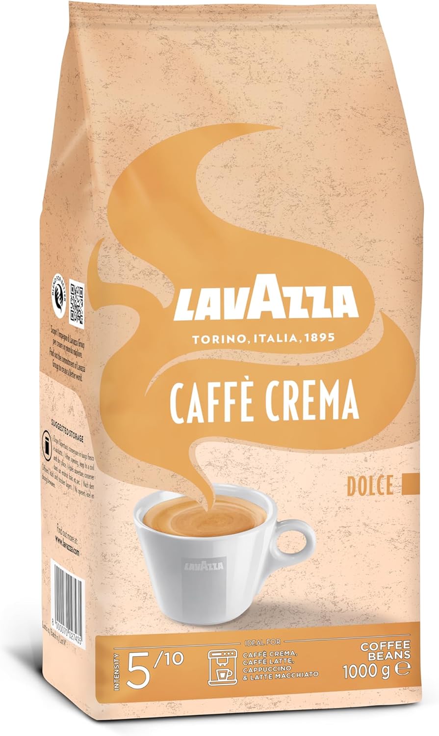 Lavazza, Caffè Crema Dolce, Arabica and Robusta Coffee Beans, Ideal for Espresso Machines, with Dried Fruit Flavour, Nutty Flavour, Intensity 5/10, Medium Roast, 1 kg Pack