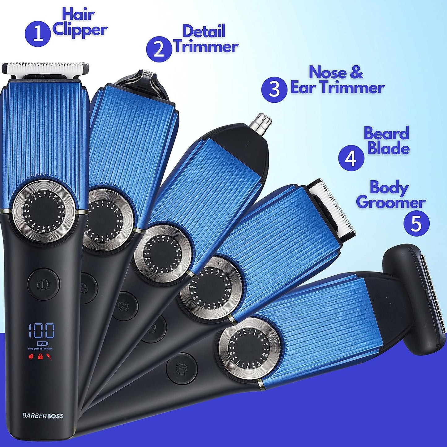 BarberBoss Beard Trimmer Men, Hair Clippers - Nose, Ear & Beard Grooming Set, Rechargeable, 39 Cutting Lengths, Precision Dial, Ceramic Blade, Waterproof, LED Display, QR-6082