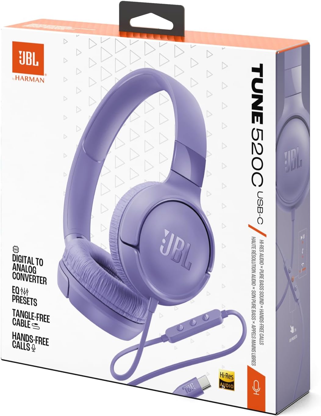 JBL Tune 520 C Comfort Fit Wired On Ear Headphones with Microphone, JBL Pure Bass Sound, EQ Presets, USB-C Connectivity, Foldable Design and Tangle-Free Cable, Purple