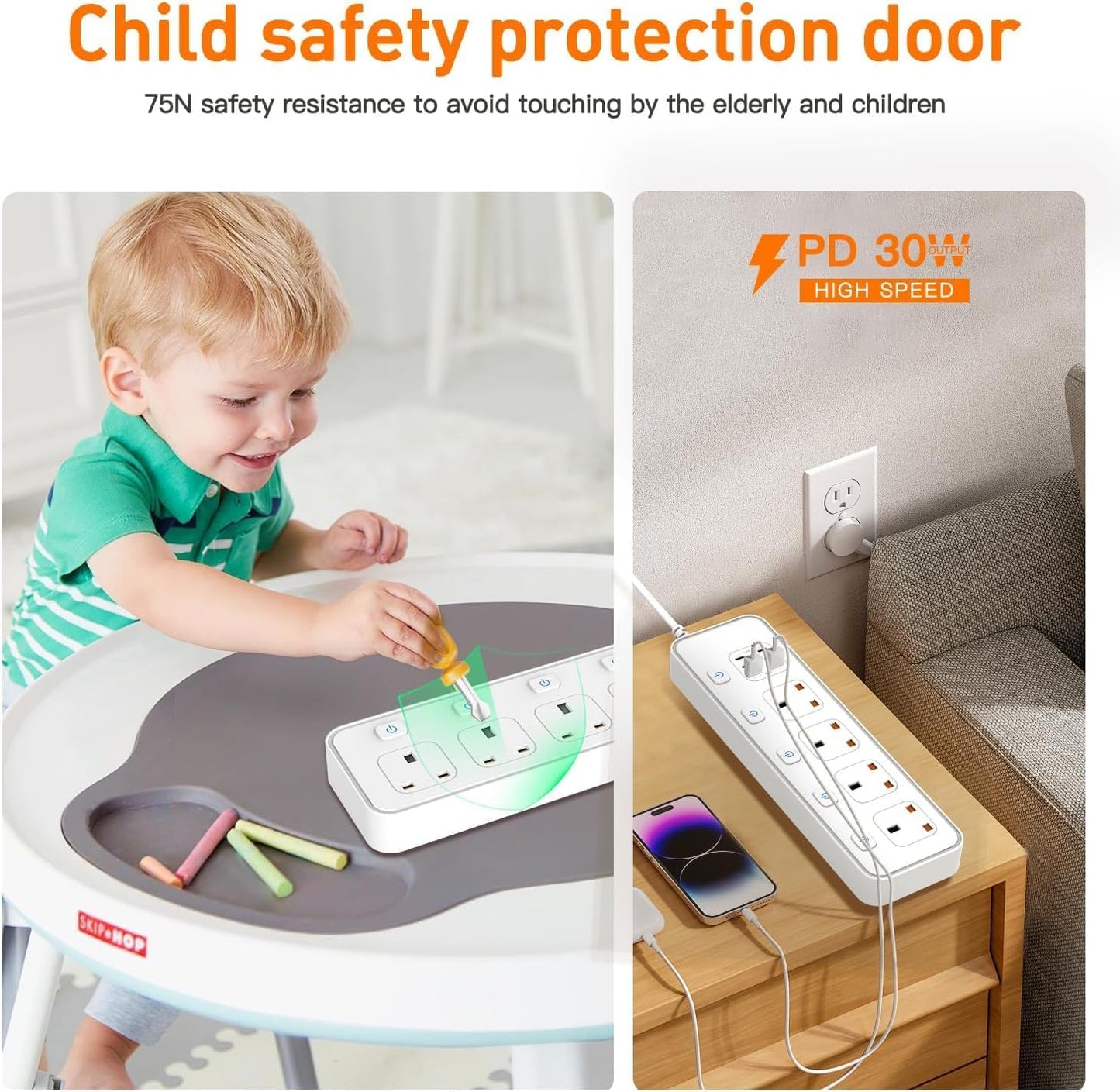 AUNNO Extension Lead with USB Slots, 4 Way Sockets Outlets with 4 USB-C Ports and 2 USB Ports, 1.8M Extension Cable with Switch Surge Protected Power Strips, UK Multi Plug Adapter Electrical Cords