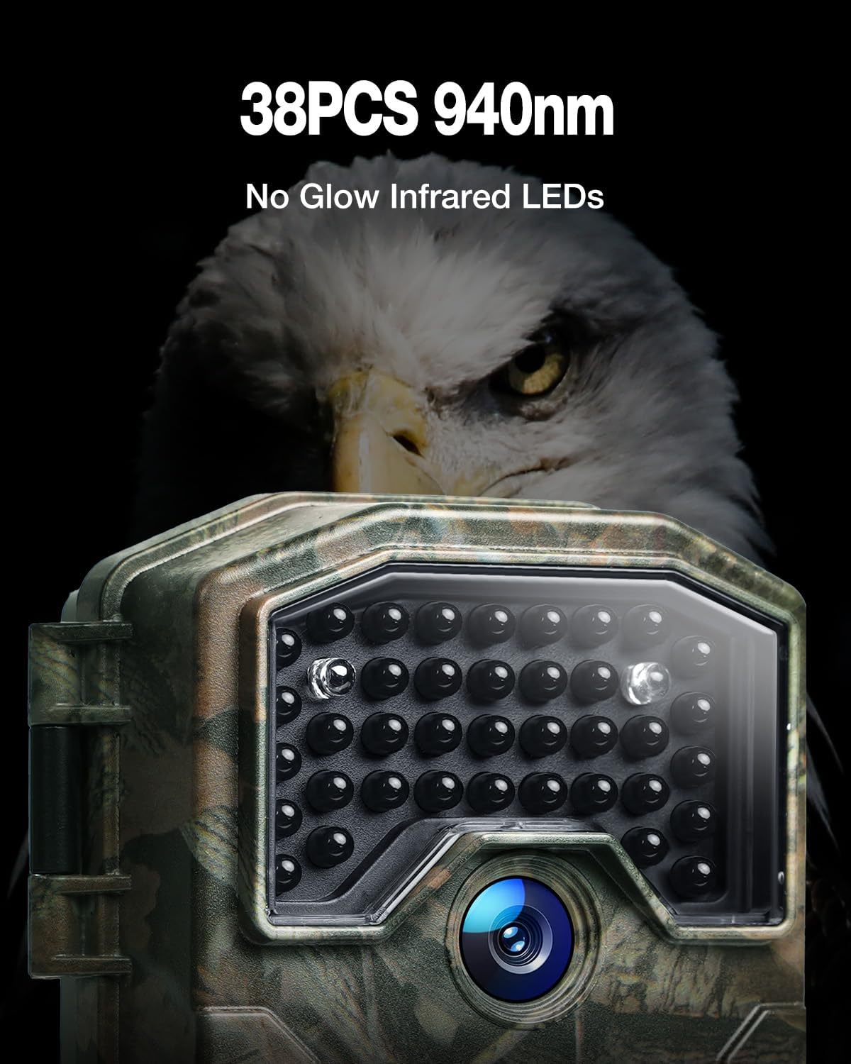 WOLFANG Wildlife Camera, 36MP 2K Trail Camera with 38pcs 940nm No Glow IR LEDs Night Vision Motion Activated Hunting Camera