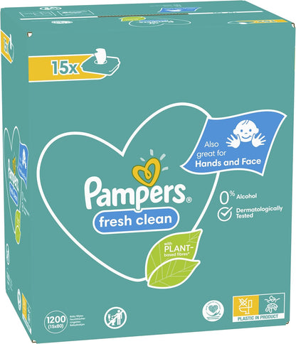 Pampers Baby Wipes Multipack, Fresh Clean, 1200 Wet Wipes (15 x 80), Baby Essentials for Newborn