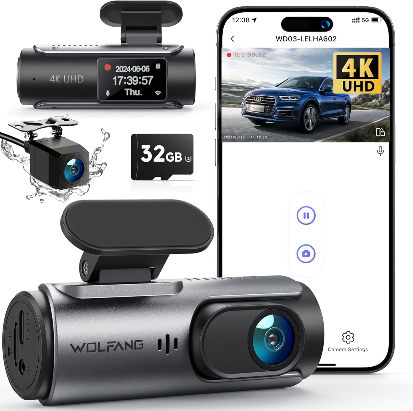 WOLFANG Dash Cam Car Front Rear 4K WiFi Dash Cam with 32GB SD Card, Ultra Night Vision, 170° Wide Angle