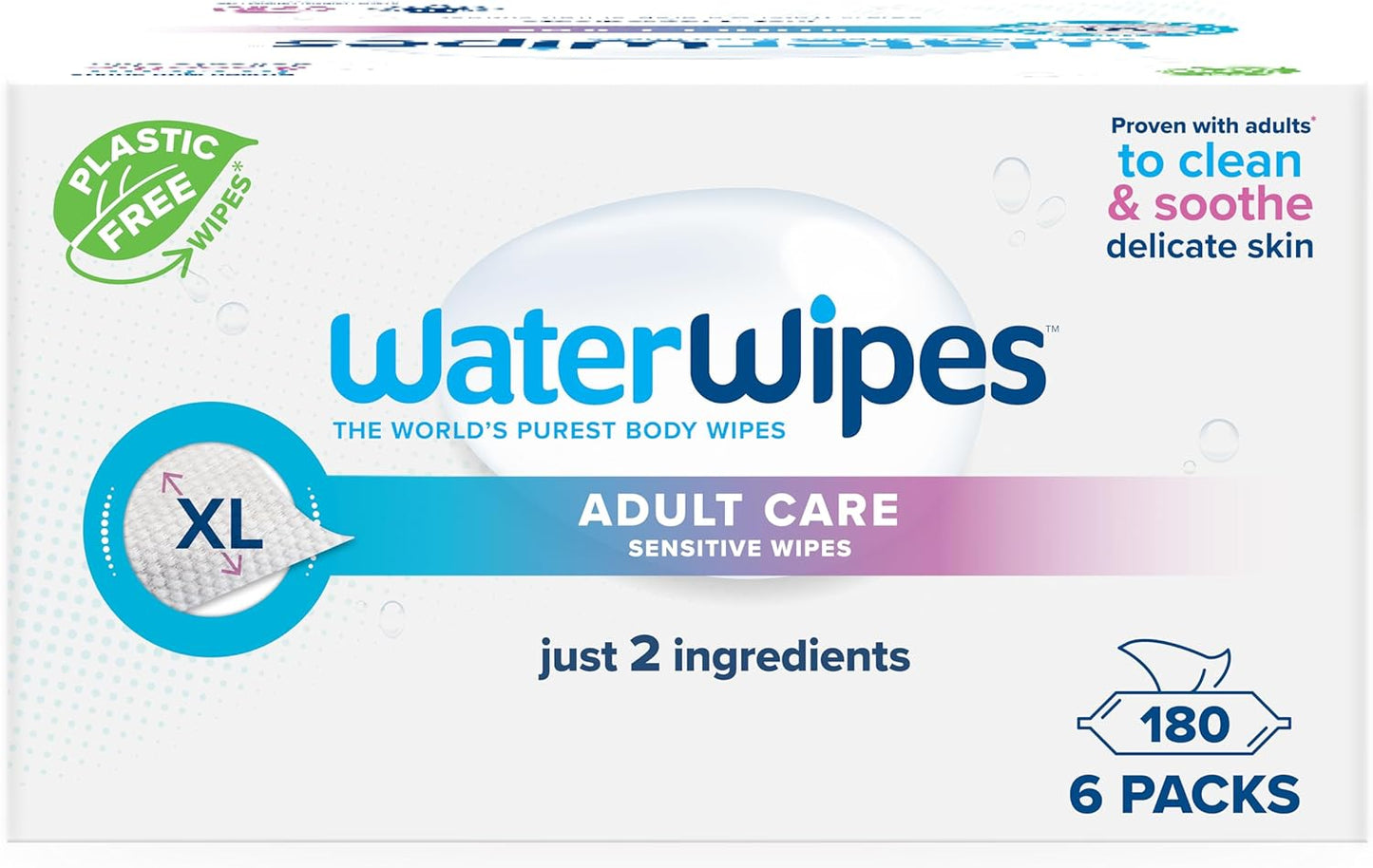 WaterWipes Adult Care Sensitive Body & Intimate Hygiene Wipes, 180 Wipes (6 Packs), Extra Large Textured, 99.9% Water-Based, For Everyday Personal Uses