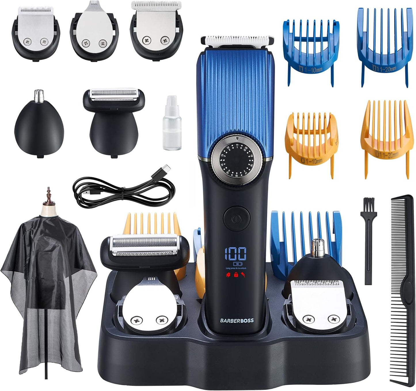 BarberBoss Beard Trimmer Men, Hair Clippers - Nose, Ear & Beard Grooming Set, Rechargeable, 39 Cutting Lengths, Precision Dial, Ceramic Blade, Waterproof, LED Display, QR-6082