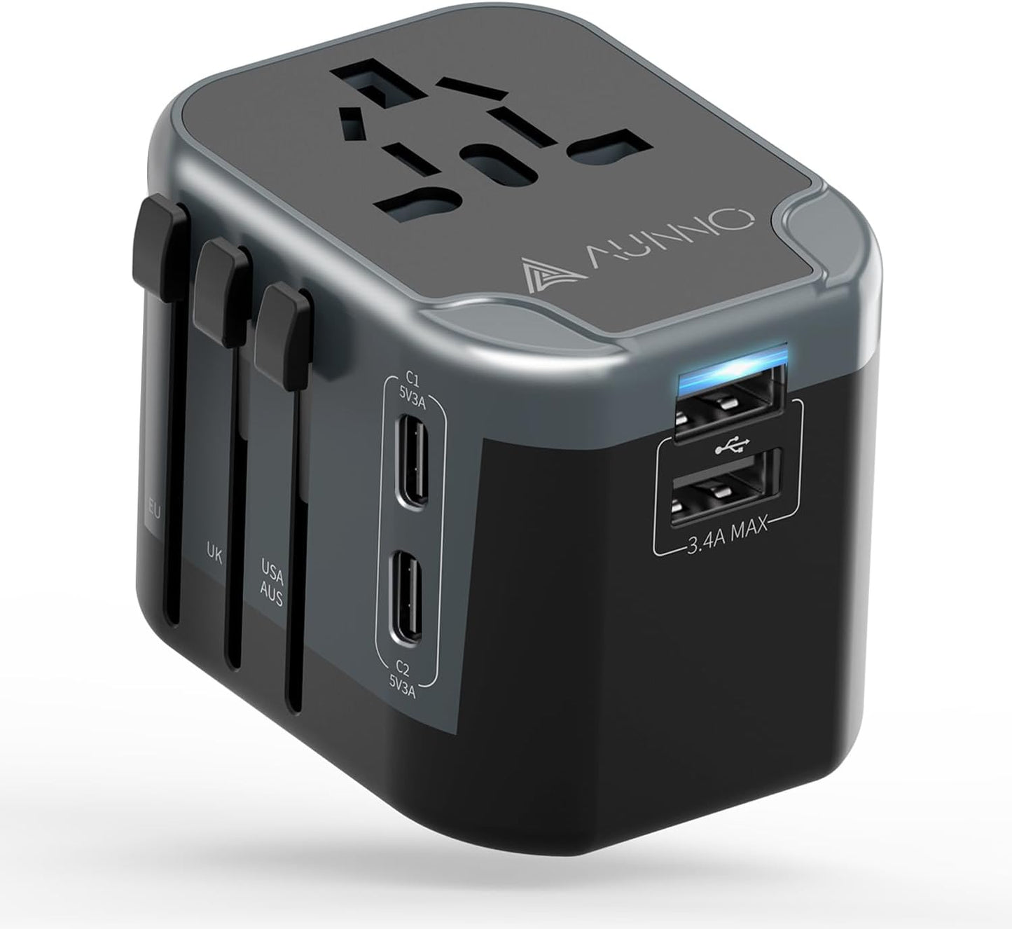 AUNNO Universal Travel Adapter, International Travel Plug Adapter with 2 USB-C and 2 USB Ports
