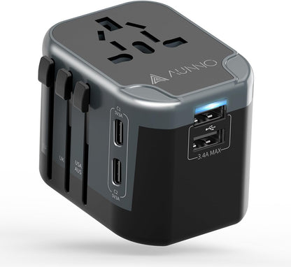 AUNNO Universal Travel Adapter, International Travel Plug Adapter with 2 USB-C and 2 USB Ports