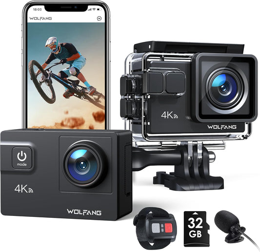 WOLFANG GA300 4K Action Camera, 40m Waterproof with 32GB Memory Card