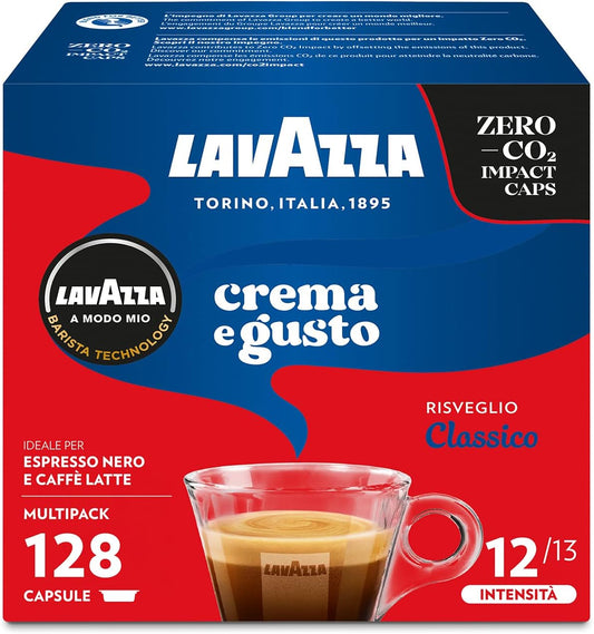 Lavazza A Modo Mio Crema e Gusto Classico, 128 Coffee Capsules, for an Espresso with Notes of Chocolate and Dried Fruits, Arabica and Robusta, Intensity 12/13, Medium Roasting, 8 Packs of 16 Capsules