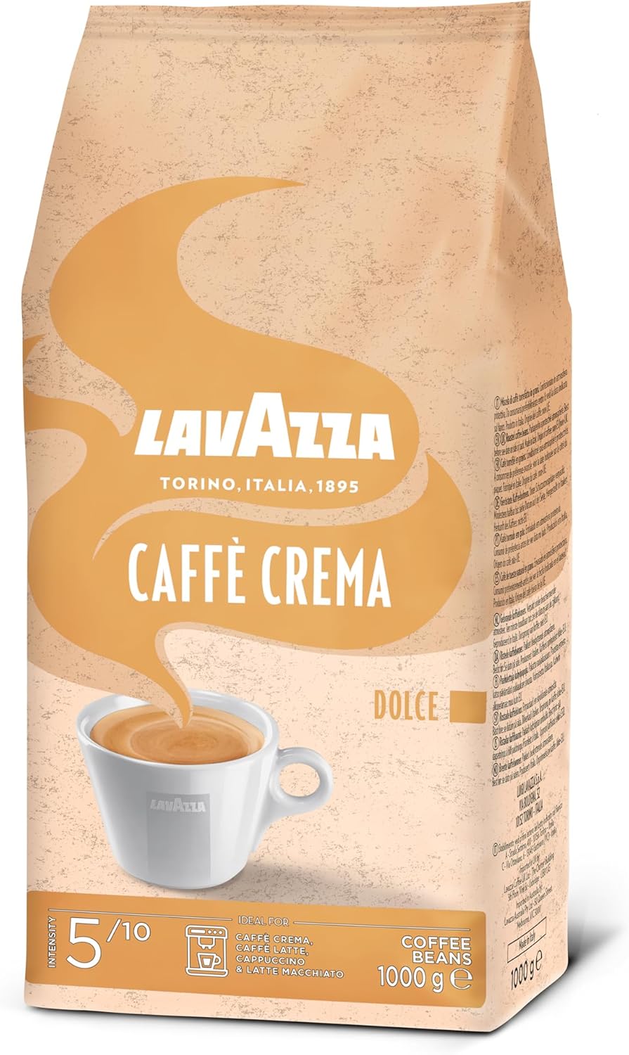 Lavazza, Caffè Crema Dolce, Arabica and Robusta Coffee Beans, Ideal for Espresso Machines, with Dried Fruit Flavour, Nutty Flavour, Intensity 5/10, Medium Roast, 1 kg Pack