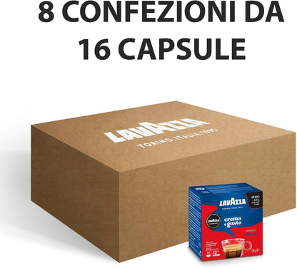 Lavazza A Modo Mio Crema e Gusto Classico, 128 Coffee Capsules, for an Espresso with Notes of Chocolate and Dried Fruits, Arabica and Robusta, Intensity 12/13, Medium Roasting, 8 Packs of 16 Capsules