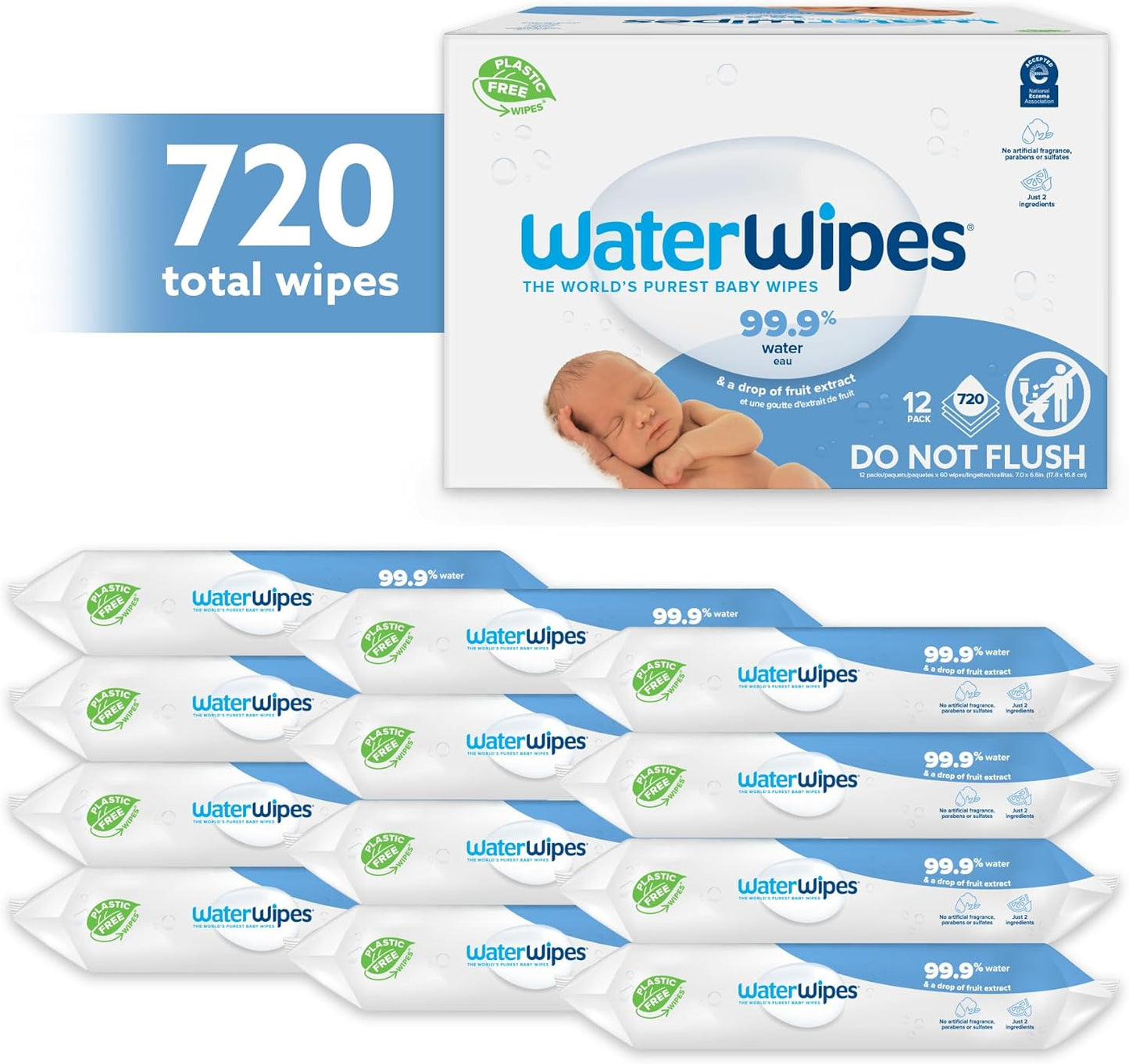WaterWipes Plastic-Free Original Baby Wipes, 99.9% Water Based Wipes, Unscented for Sensitive Skin, 720 count (Pack of 12)