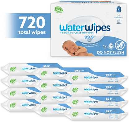 WaterWipes Plastic-Free Original Baby Wipes, 99.9% Water Based Wipes, Unscented for Sensitive Skin, 720 count (Pack of 12)