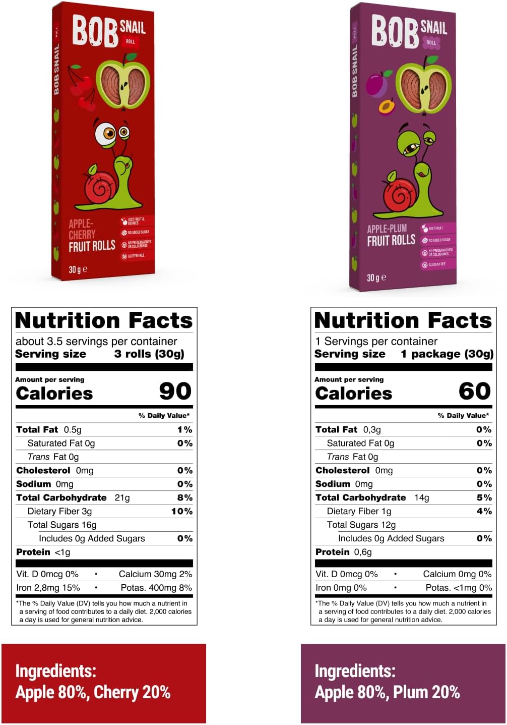 Bob Snail Healthy Sugar-free Fruit Bar Snacks - Fruit Roll Ups Individually Packed by Children and Adults with Apple Cherry Plum Pumpkin Mint - Low Carb Low Calorie Sweets