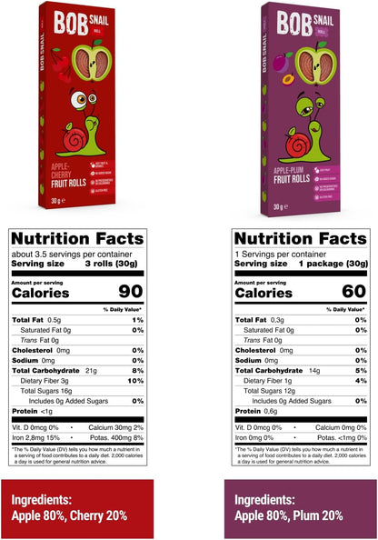 Bob Snail Healthy Sugar-free Fruit Bar Snacks - Fruit Roll Ups Individually Packed by Children and Adults with Apple Cherry Plum Pumpkin Mint - Low Carb Low Calorie Sweets