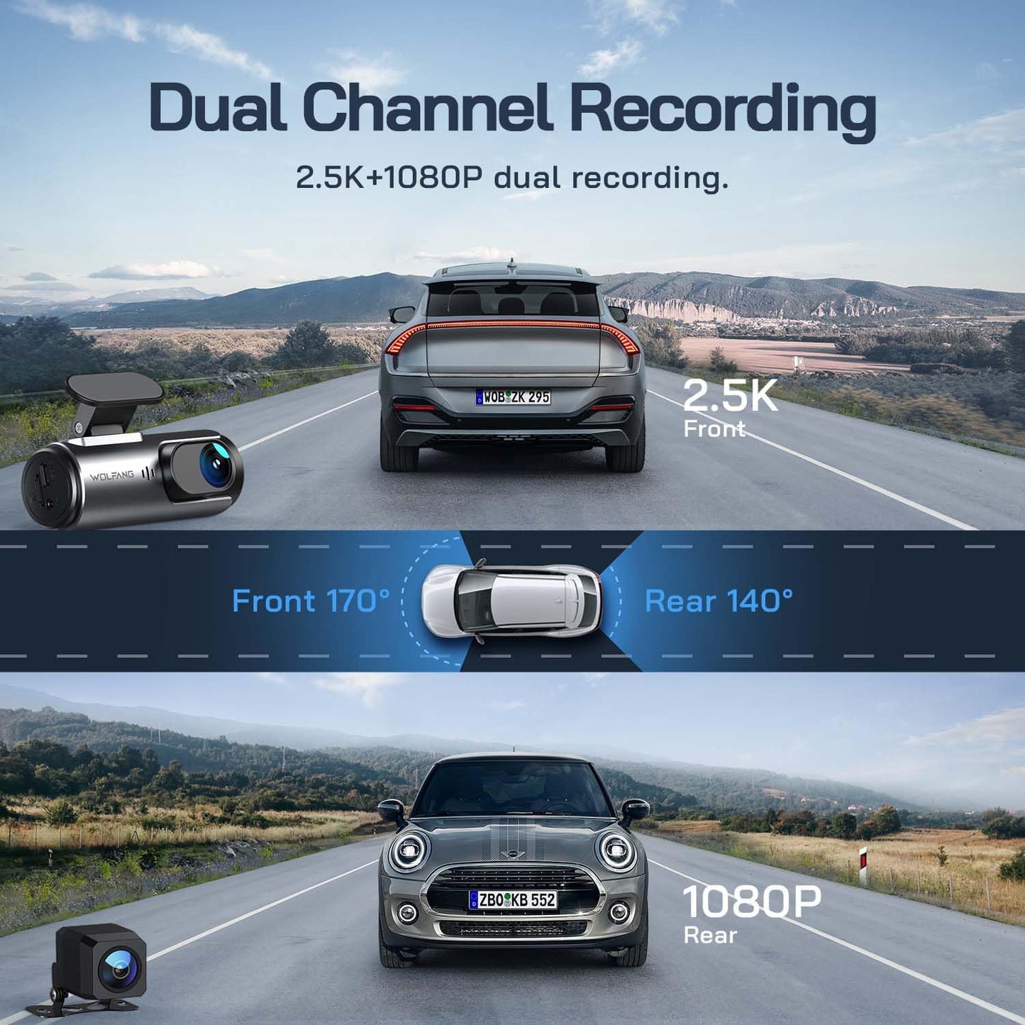 WOLFANG Dash Cam Car Front Rear 4K WiFi Dash Cam with 32GB SD Card, Ultra Night Vision, 170° Wide Angle