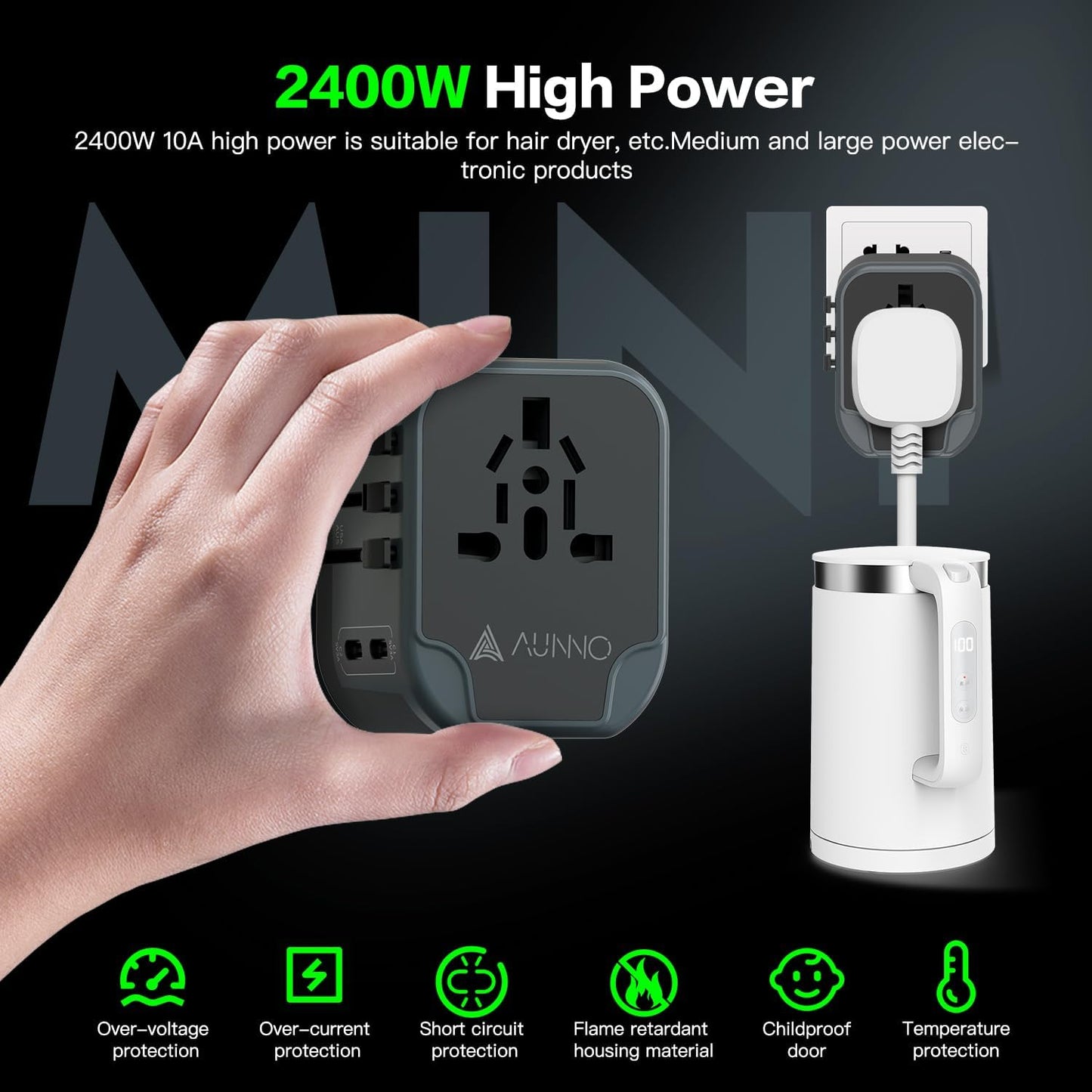 AUNNO Universal Travel Adapter, International Travel Plug Adapter with 2 USB-C and 2 USB Ports