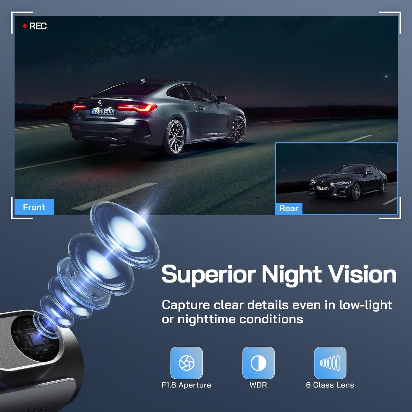 WOLFANG Dash Cam Car Front Rear 4K WiFi Dash Cam with 32GB SD Card, Ultra Night Vision, 170° Wide Angle