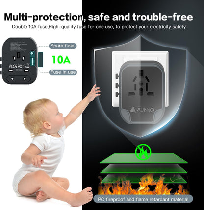 AUNNO Universal Travel Adapter, International Travel Plug Adapter with 2 USB-C and 2 USB Ports