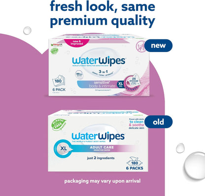 WaterWipes Adult Care Sensitive Body & Intimate Hygiene Wipes, 180 Wipes (6 Packs), Extra Large Textured, 99.9% Water-Based, For Everyday Personal Uses
