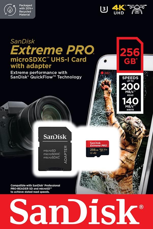 SanDisk 256GB Extreme PRO microSDXC card + SD adapter + RescuePro Deluxe,up to 200 MB/s