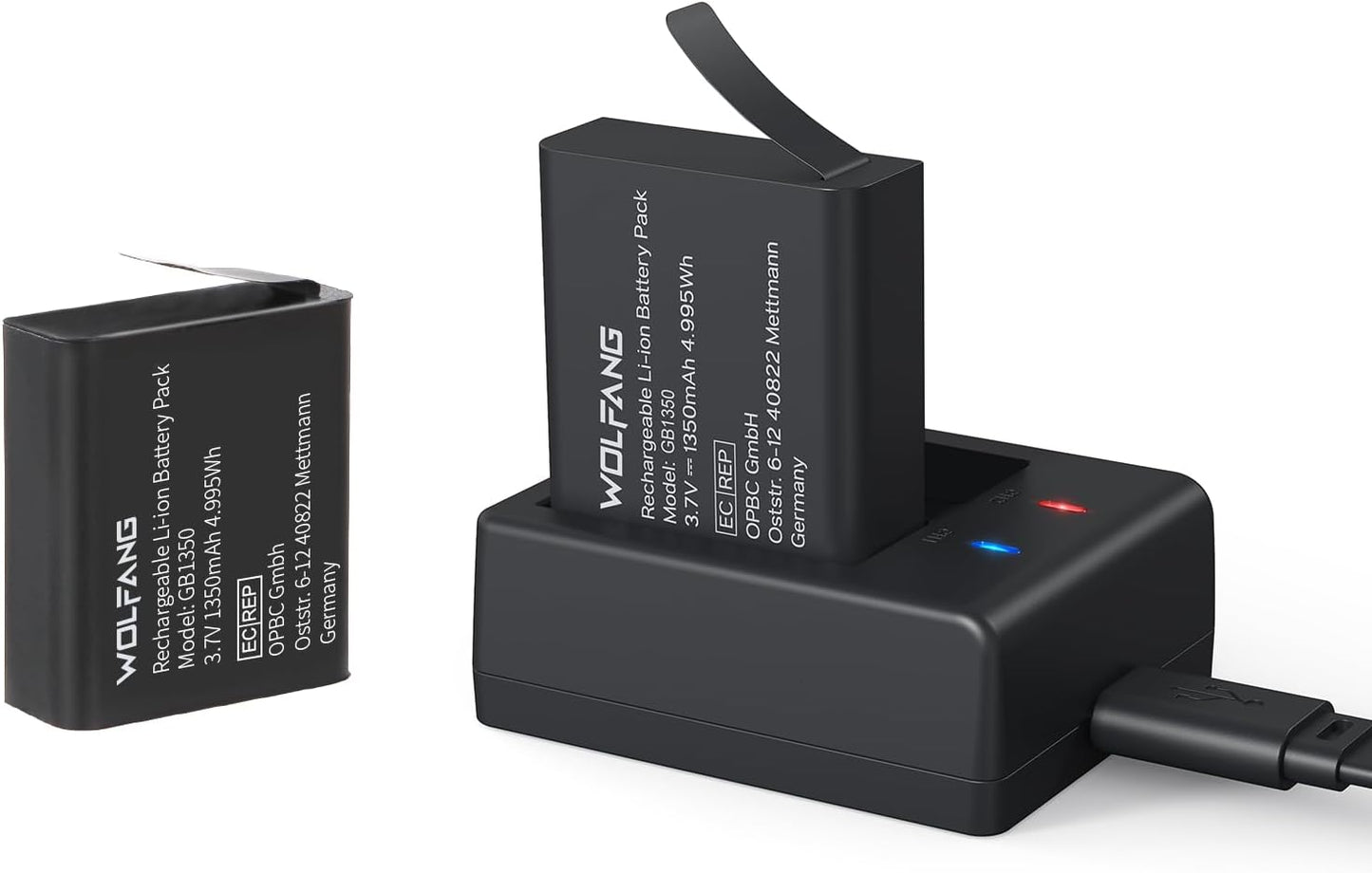 WOLFANG Action Camera Kit, Charging Kit with Two 1350 mAh Batteries and USB Charger GA100 / GA120 / GA200 / GA300