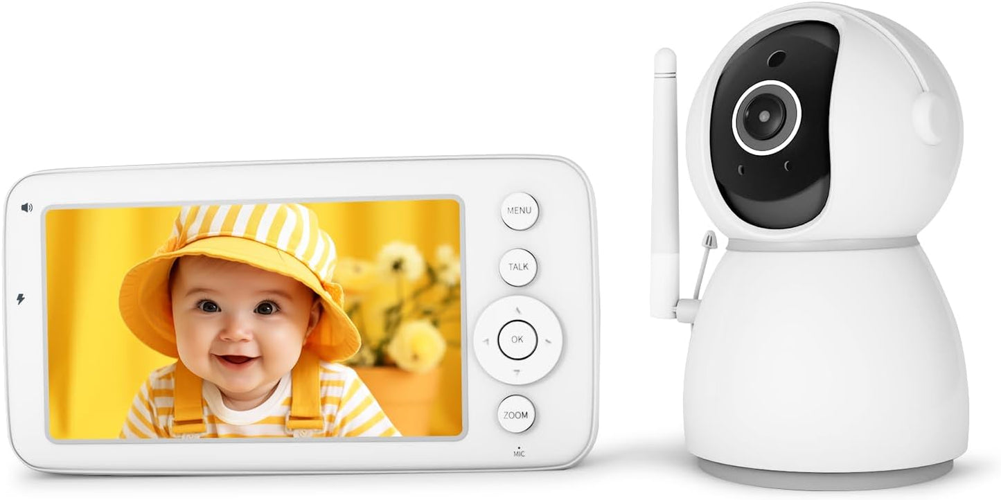 WOLFANG WB03 Baby Monitor 5.0" 720P Display with 30-Hour Battery, 1080P Camera with Night Vision and 2X Digtal Zoom, Pan-Tilt-Zoom Video Baby Monitor No WiFi, 2-Way Talk, Temperature, 8 Lullabies