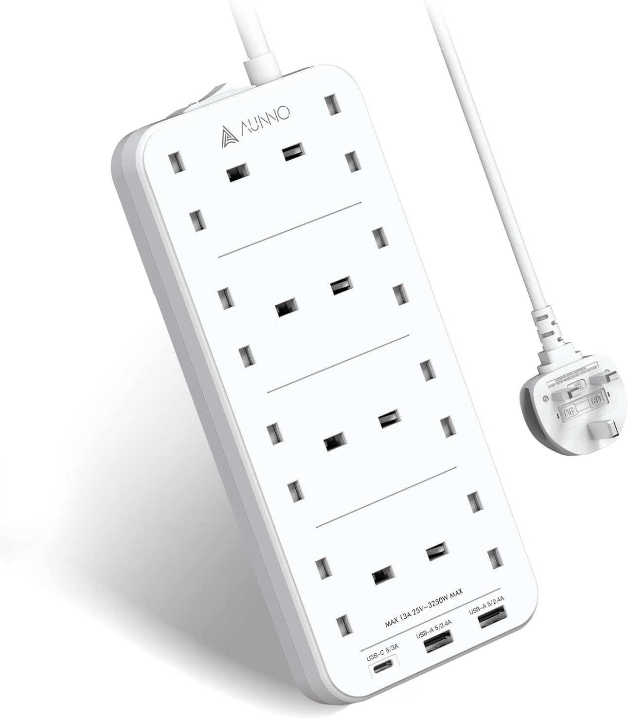 AUNNO Extension Lead with USB Slots, 8 Way Sockets Outlets with 2 USB-A Ports and 1 USB-C Ports, 1.8M Extension Cable with Switch Surge Protected Power Strips, UK Multi Plug Adapter Electrical Cords