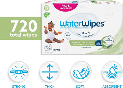 WaterWipes Plastic-Free Textured Clean, Toddler & Baby Wipes, 720 Count (12 Packs), 99.9% Water Based Wipes, Unscented for Sensitive Skin (Packing May Vary)