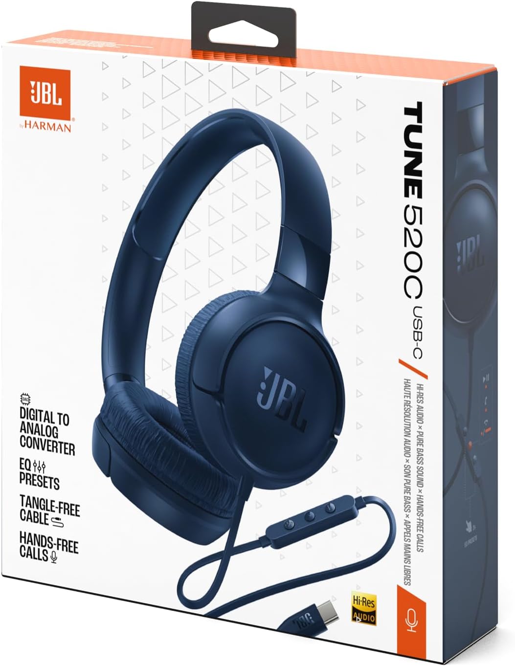 JBL Tune 520 C Comfort Fit Wired On Ear Headphones with Microphone, JBL Pure Bass Sound, EQ Presets, USB-C Connectivity, Foldable Design and Tangle-Free Cable, Blue
