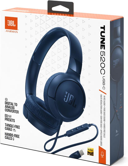JBL Tune 520 C Comfort Fit Wired On Ear Headphones with Microphone, JBL Pure Bass Sound, EQ Presets, USB-C Connectivity, Foldable Design and Tangle-Free Cable, Blue