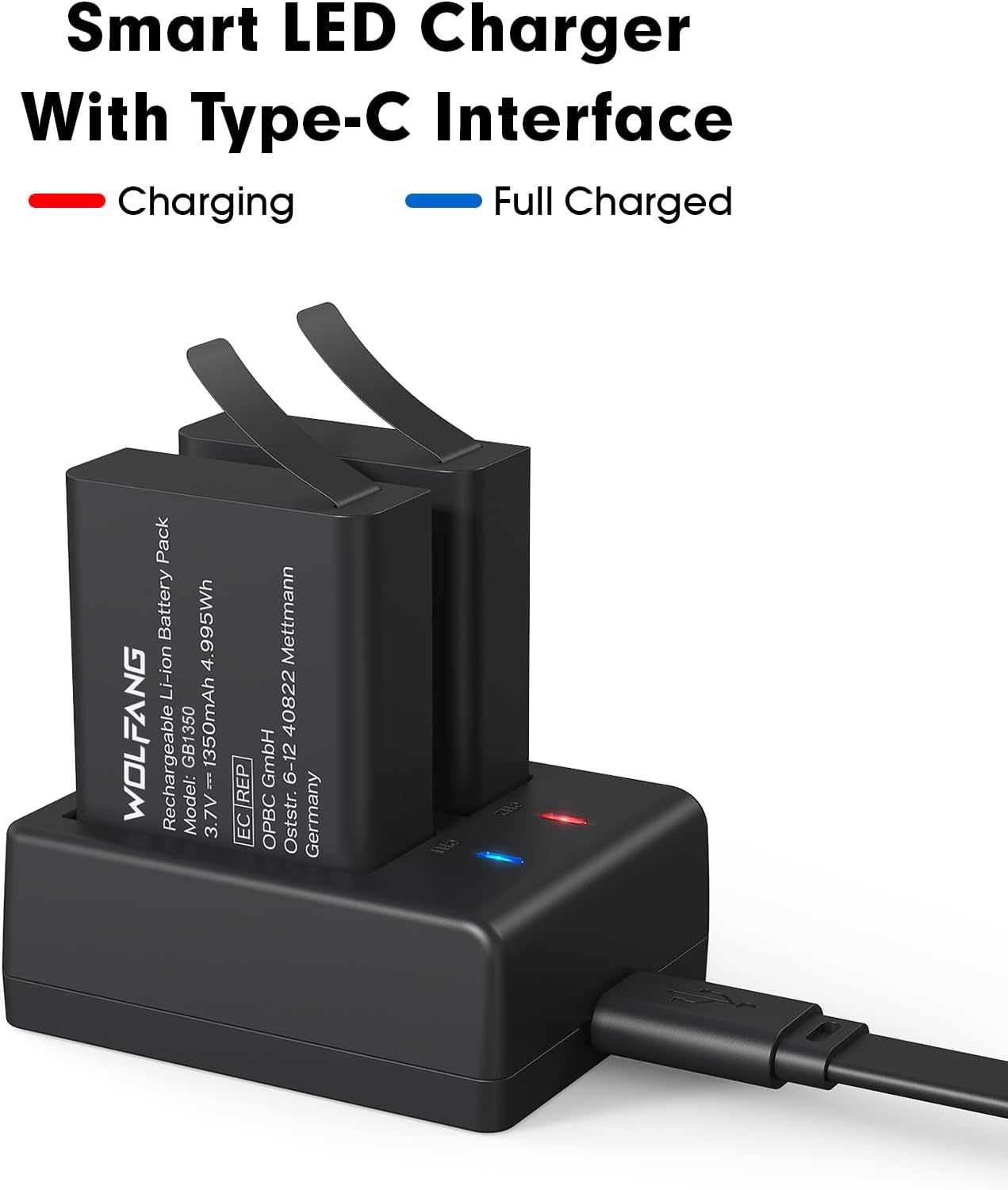 WOLFANG Action Camera Kit, Charging Kit with Two 1350 mAh Batteries and USB Charger GA100 / GA120 / GA200 / GA300