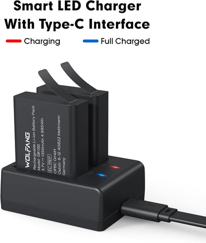 WOLFANG Action Camera Kit, Charging Kit with Two 1350 mAh Batteries and USB Charger GA100 / GA120 / GA200 / GA300