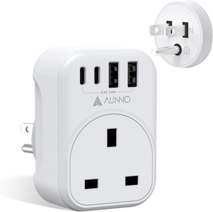 AUNNO UK to US Plug Adaptor, 20W Grounded USA Adapter with 2 USB Ports and 2 USB-C Ports, 5 in 1 Adapter for US Canada Mexico Thailand etc