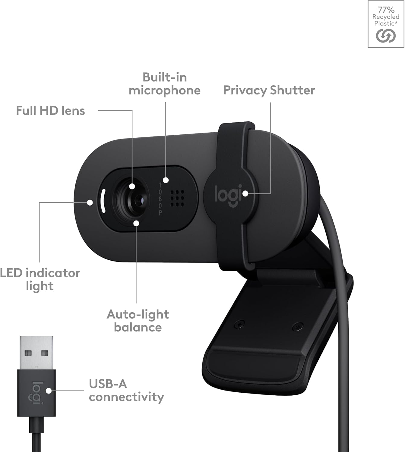 Logitech Brio 100 Full HD Webcam for Meetings and Streaming, Auto-Light Balance, Built-In Mic, Privacy Shutter, USB-A, for Microsoft Teams, Google Meet, Zoom and More - Graphite
