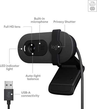 Logitech Brio 100 Full HD Webcam for Meetings and Streaming, Auto-Light Balance, Built-In Mic, Privacy Shutter, USB-A, for Microsoft Teams, Google Meet, Zoom and More - Graphite