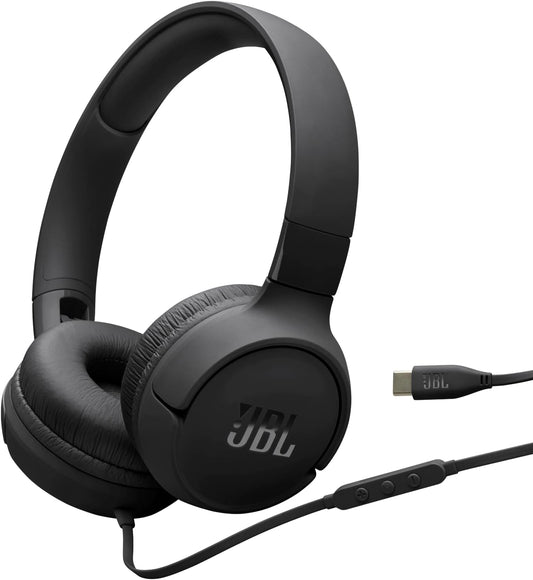 JBL Tune 520 C Comfort Fit Wired On Ear Headphones with Microphone, JBL Pure Bass Sound, EQ Presets, USB-C Connectivity, Foldable Design and Tangle-Free Cable, Black