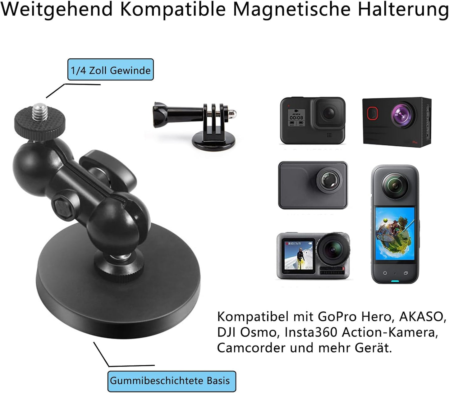 Magnetic Camera Mount with 1/4 Inch Thread, Camera Magnetic Holder with 360° Rotation Ball Head Compatible with GoPro Hero