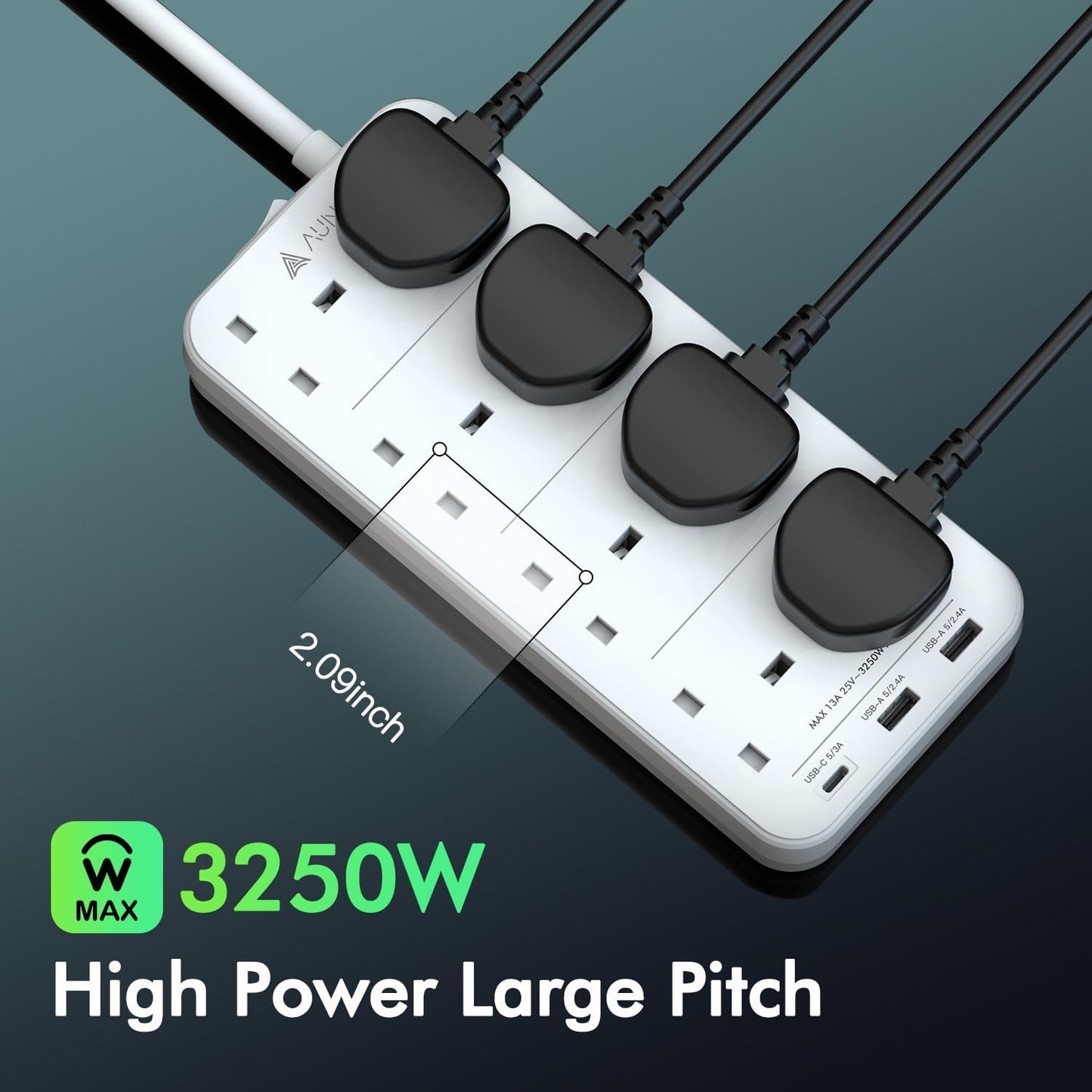 AUNNO Extension Lead with USB Slots, 8 Way Sockets Outlets with 2 USB-A Ports and 1 USB-C Ports, 1.8M Extension Cable with Switch Surge Protected Power Strips, UK Multi Plug Adapter Electrical Cords