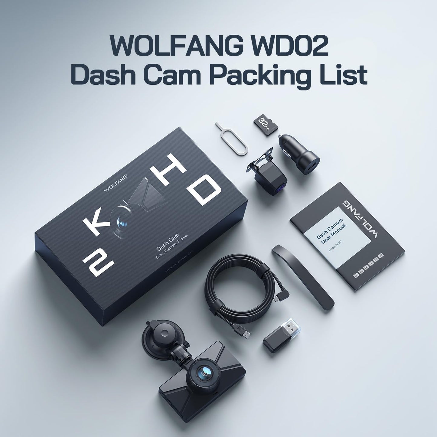 WOLFANG Dash Cam Car Front Rear 2.5K+1080P Car Camera, Ultra Night Vision, 170° Wide Angle, WDR 24 Hours Parking Mode, G-Sensor, Loop Recording, Indoor with 32GB SD Card