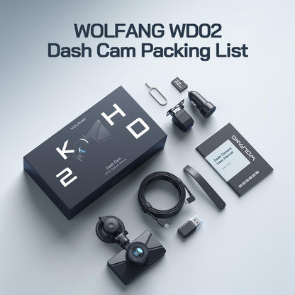 WOLFANG Dash Cam Car Front Rear 2.5K+1080P Car Camera, Ultra Night Vision, 170° Wide Angle, WDR 24 Hours Parking Mode, G-Sensor, Loop Recording, Indoor with 32GB SD Card