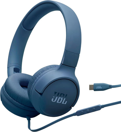 JBL Tune 520 C Comfort Fit Wired On Ear Headphones with Microphone, JBL Pure Bass Sound, EQ Presets, USB-C Connectivity, Foldable Design and Tangle-Free Cable, Blue