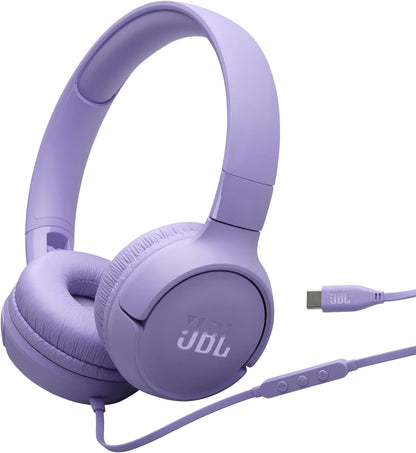 JBL Tune 520 C Comfort Fit Wired On Ear Headphones with Microphone, JBL Pure Bass Sound, EQ Presets, USB-C Connectivity, Foldable Design and Tangle-Free Cable, Purple