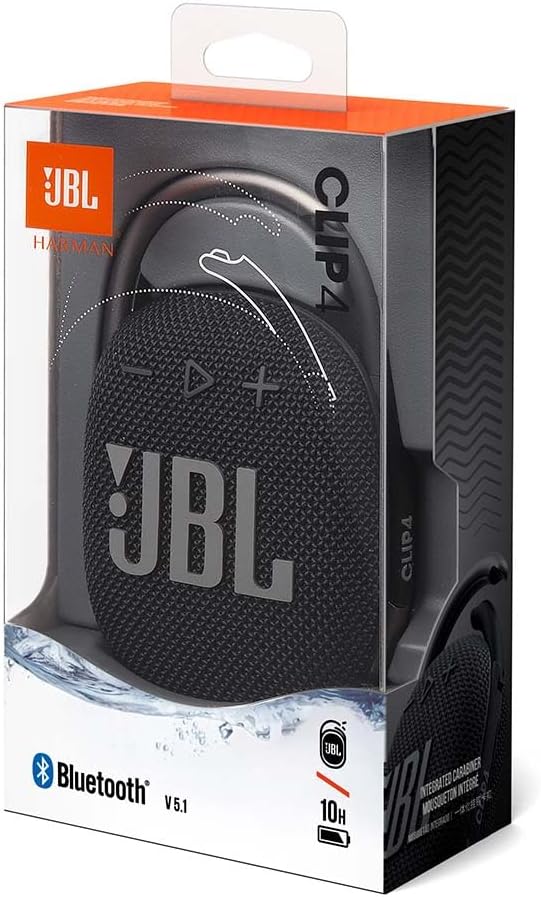JBL Clip 4 Bluetooth Portable Speaker with Integrated Carabiner, Waterproof and Dustproof, Black