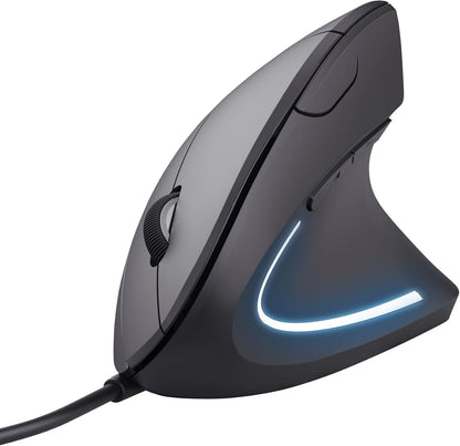 Trust Verto Wired Ergonomic Mouse, Vertical Mouse with LED Illumination, 1000-1600 DPI, 6 Buttons, for Right Hand Users, Computer Mouse for PC and Laptop - Black