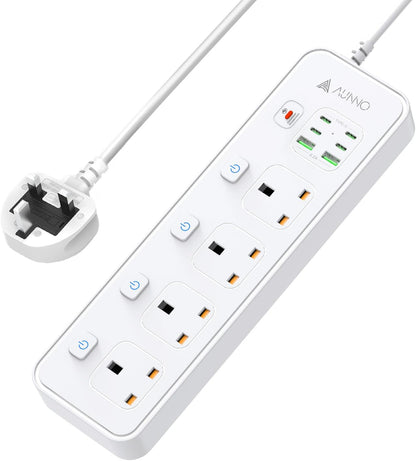 AUNNO Extension Lead with USB Slots, 4 Way Sockets Outlets with 4 USB-C Ports and 2 USB Ports, 1.8M Extension Cable with Switch Surge Protected Power Strips, UK Multi Plug Adapter Electrical Cords