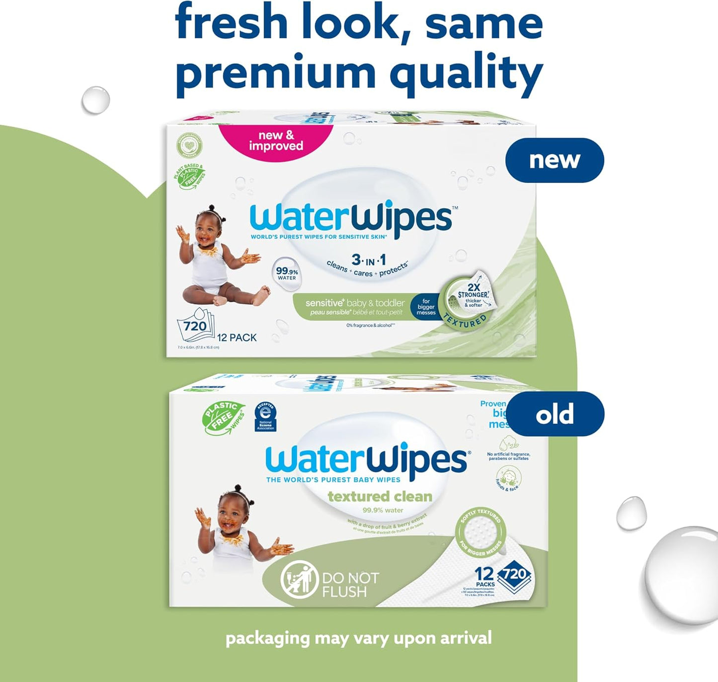 WaterWipes Plastic-Free Textured Clean, Toddler & Baby Wipes, 720 Count (12 Packs), 99.9% Water Based Wipes, Unscented for Sensitive Skin (Packing May Vary)
