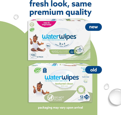 WaterWipes Plastic-Free Textured Clean, Toddler & Baby Wipes, 720 Count (12 Packs), 99.9% Water Based Wipes, Unscented for Sensitive Skin (Packing May Vary)